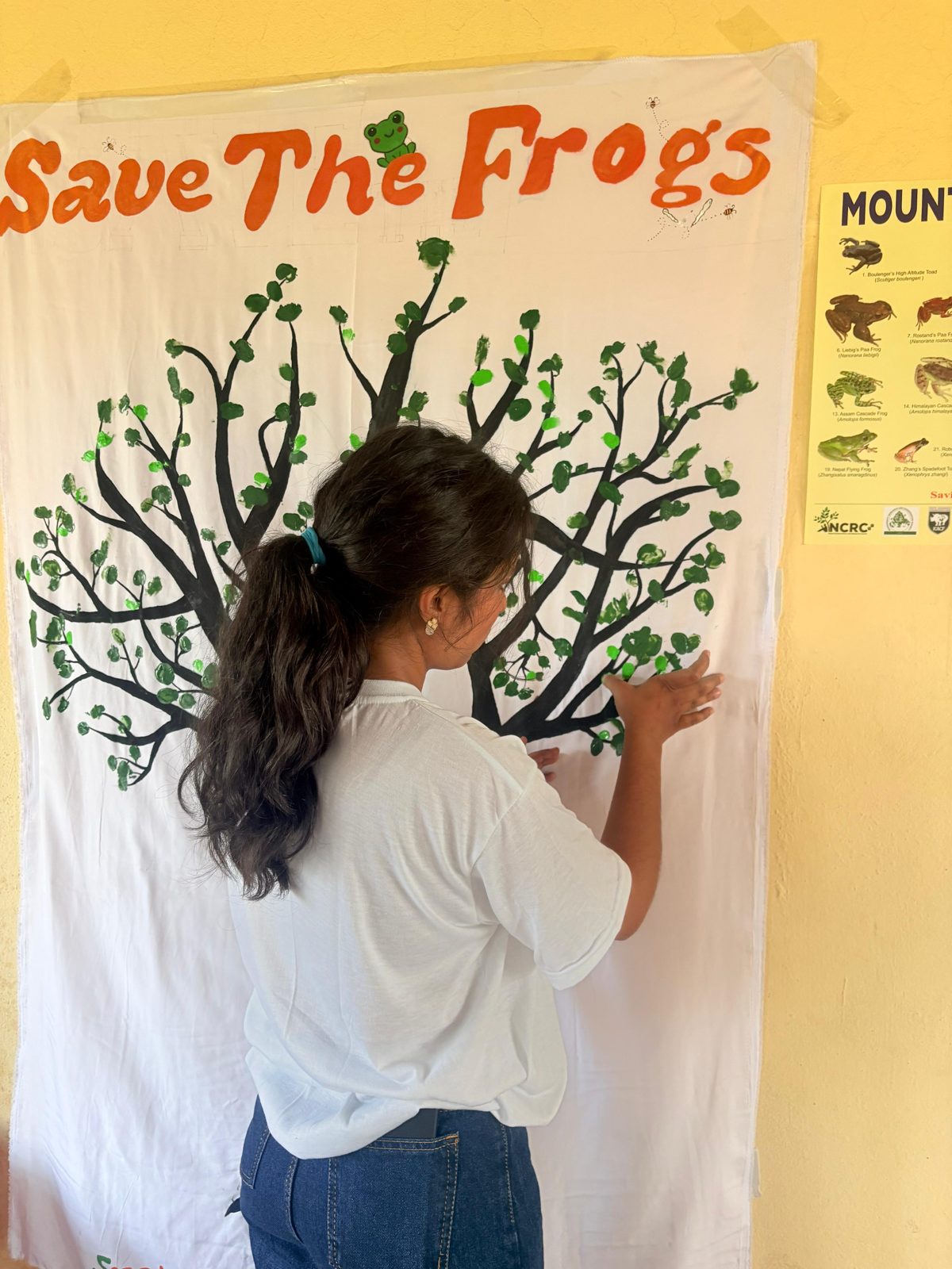 Samikshya Basnet adding a green handprint leaf to a Save The Frogs tree banner