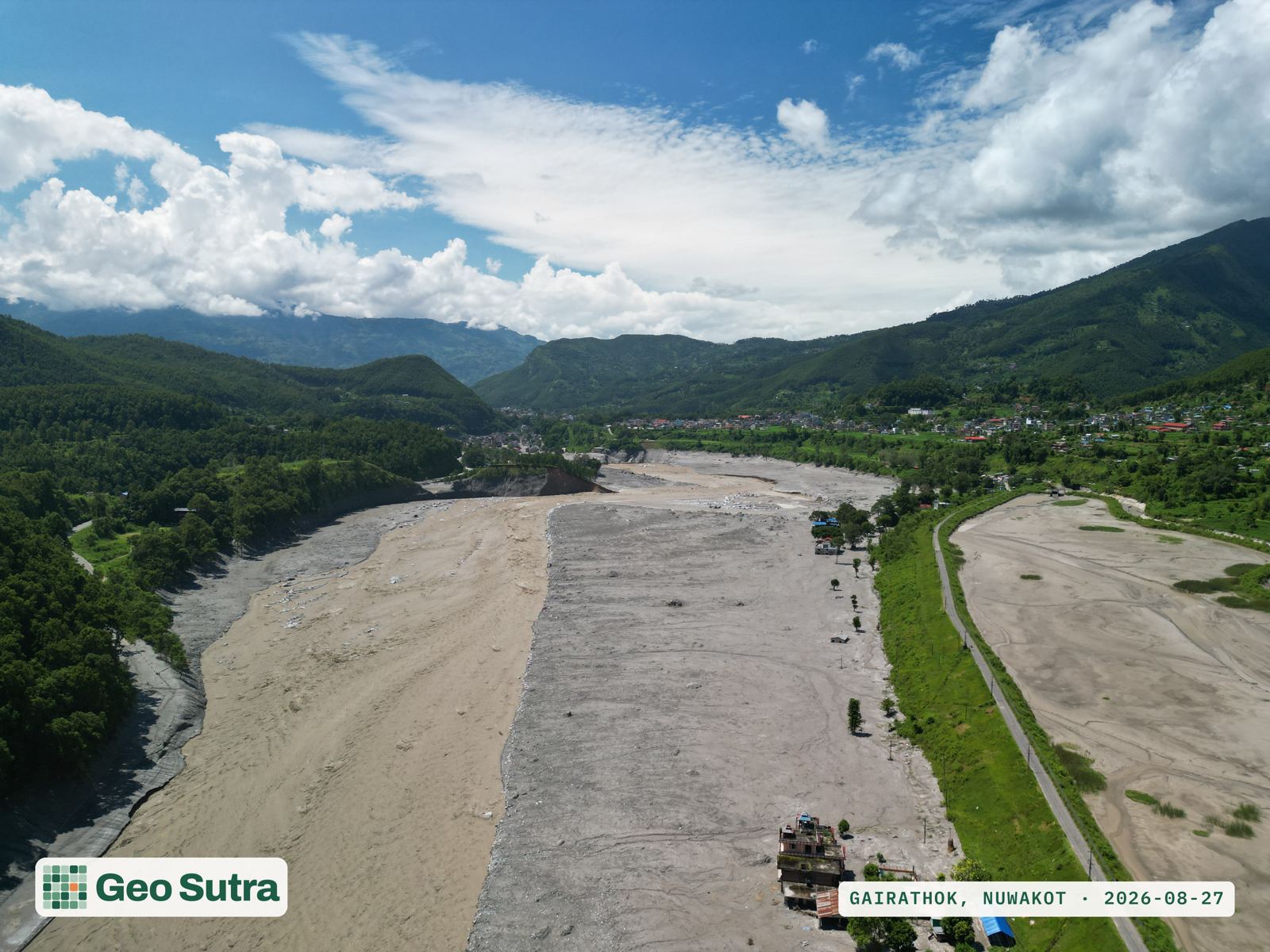 Widened Trishuli channel through Nuwakot after the 2026 flood