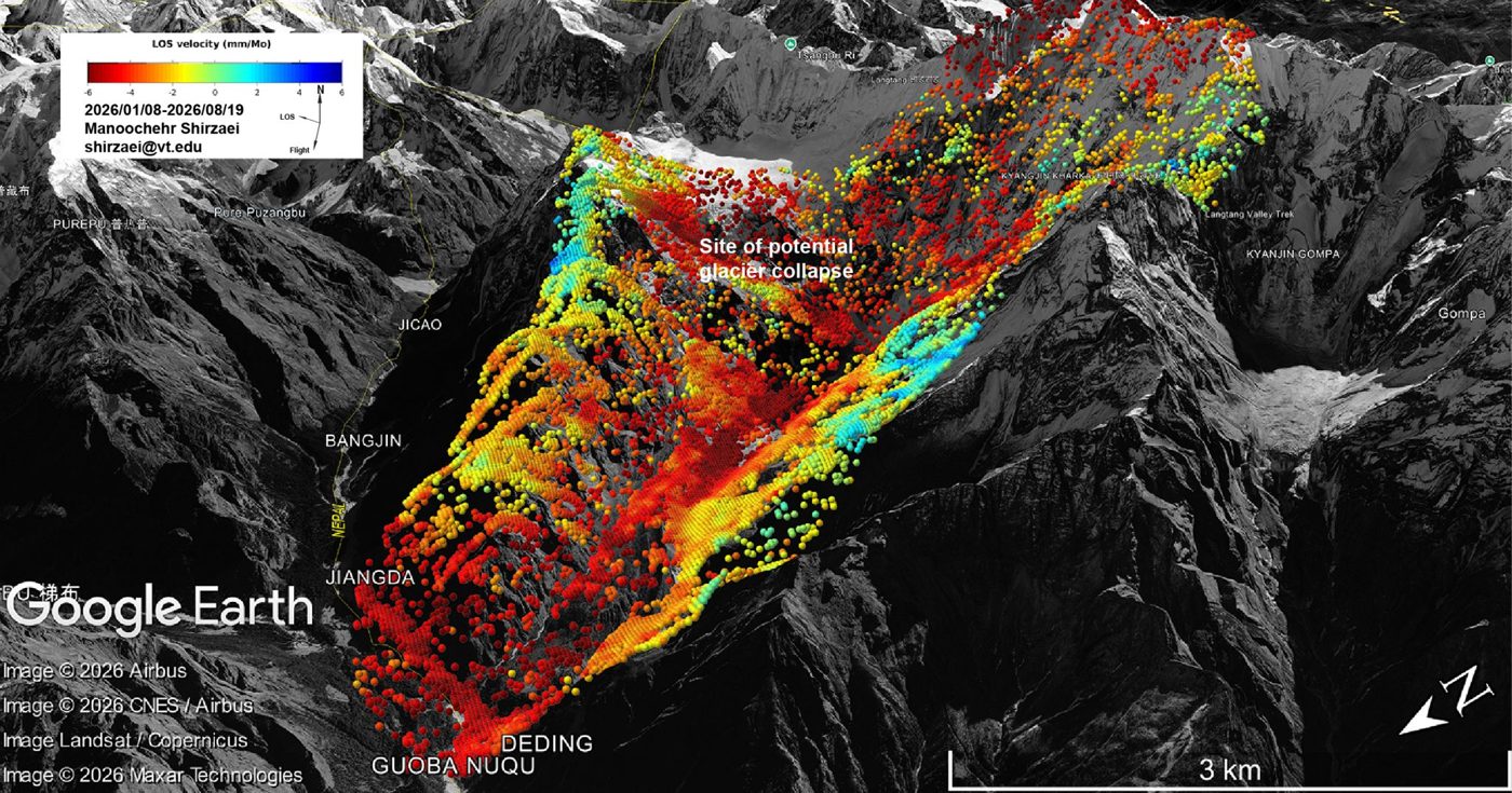 Satellite radar (InSAR) line-of-sight velocity map over the Langtang / Tsangbu Ri area, showing ground deformation and the site later flagged as a potential glacier collapse.